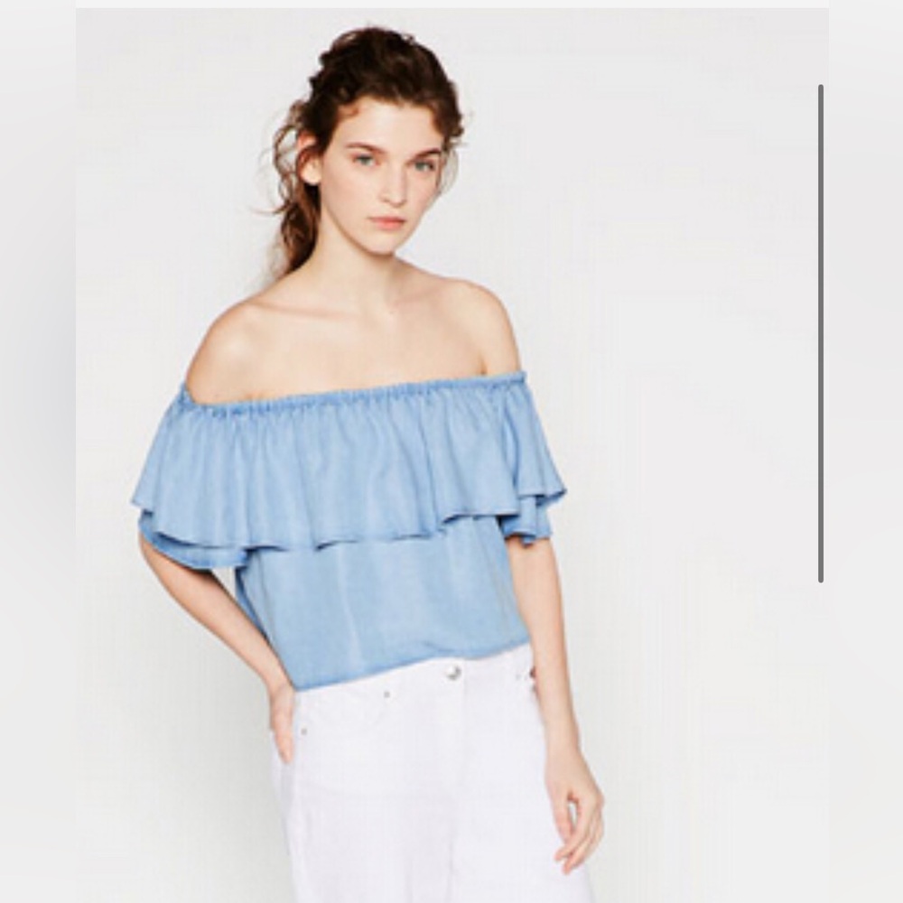 Over the shoulder soft denim crop top